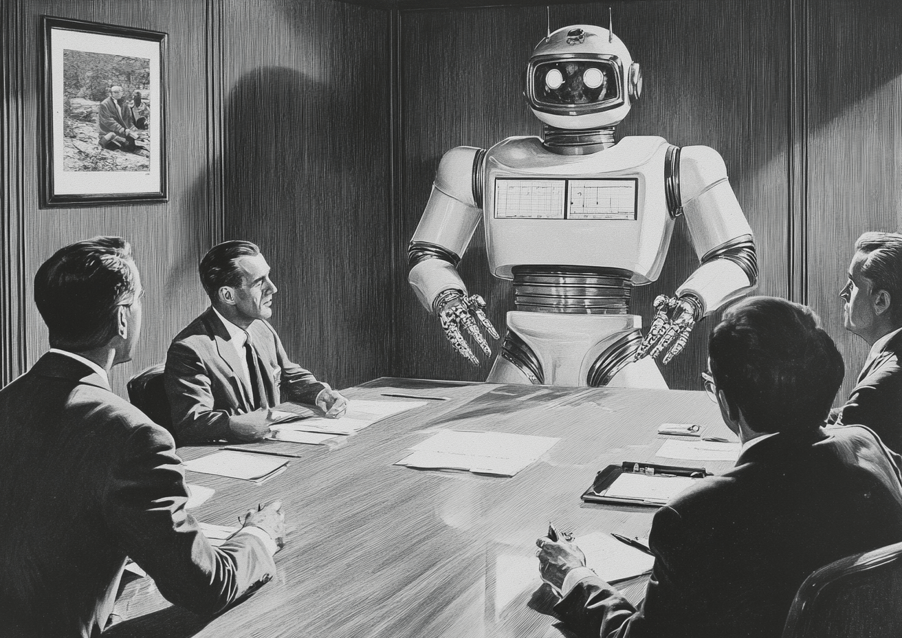Reflection on the Evolution of Technology in Advertising 5 robot pitching an advertising campaign