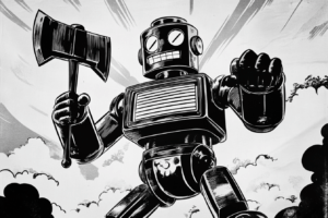 1950s Robot with an axe, cyberviolence